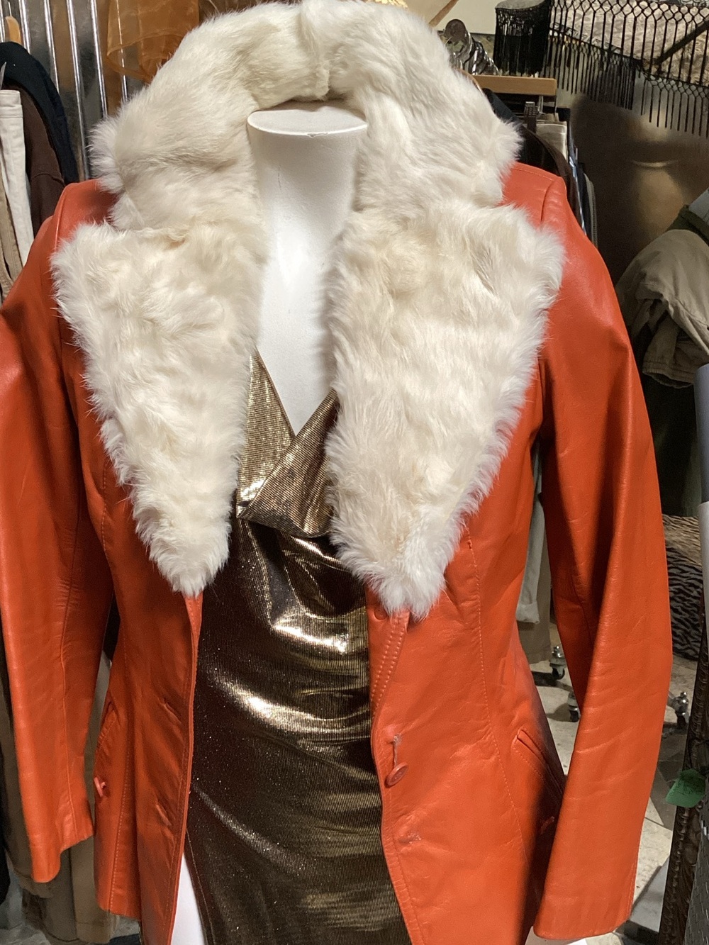 Women's Orange Leather Jacket with Cream Faux-Fur Collar vintage 70s